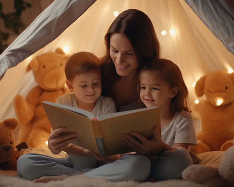 family-mother-reading-children-book-tent-home-mama-paidia